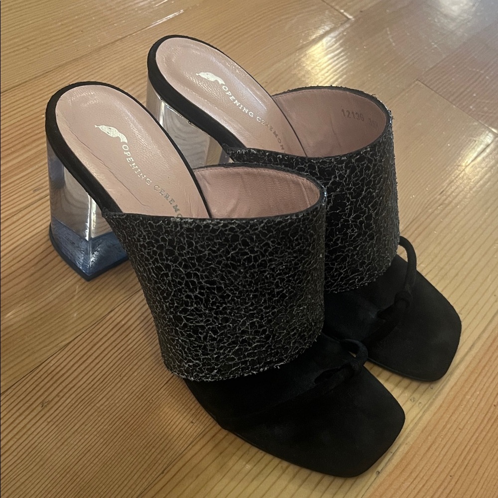 Opening Ceremony Black and Silver Textured sandals with lucite heels